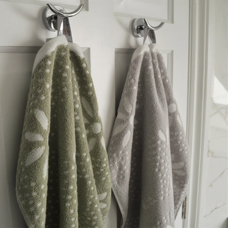 Patterned towels with hanging loops.