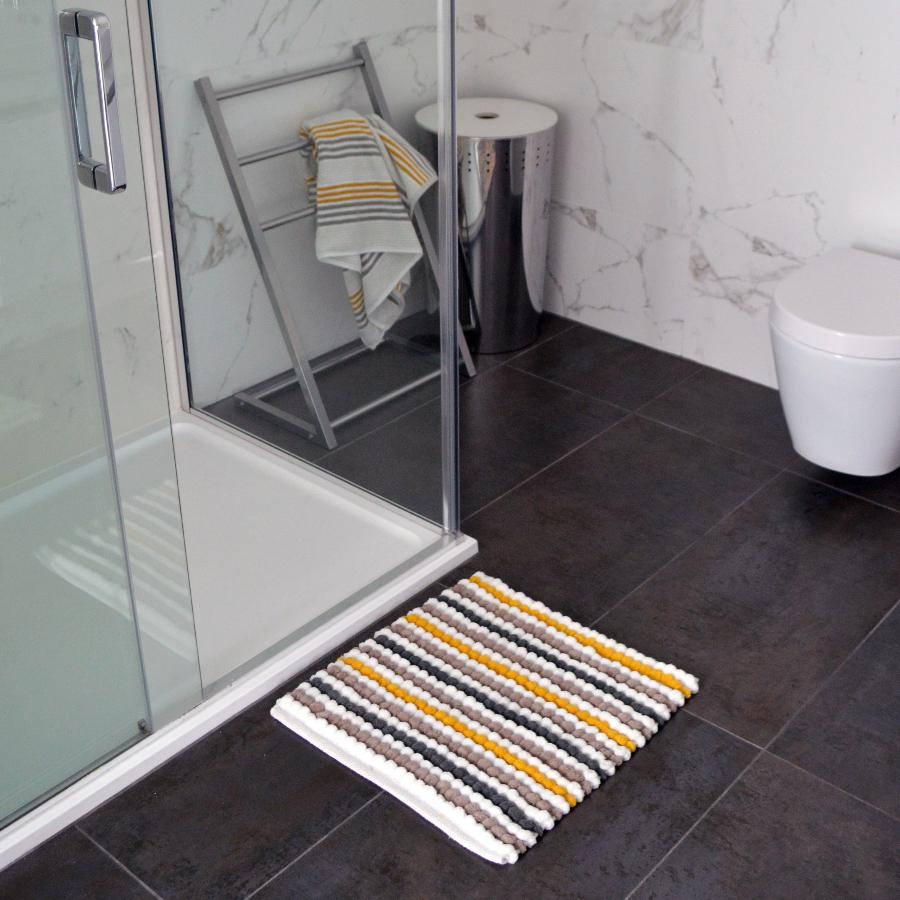 Mustard/Grey Striped Square Bath Mat - Luxury Bobble Shower Mat