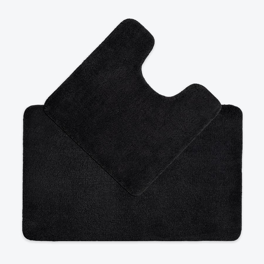 Black Microfibre bathroom mat set. Two piece bath mat and pedestal set.