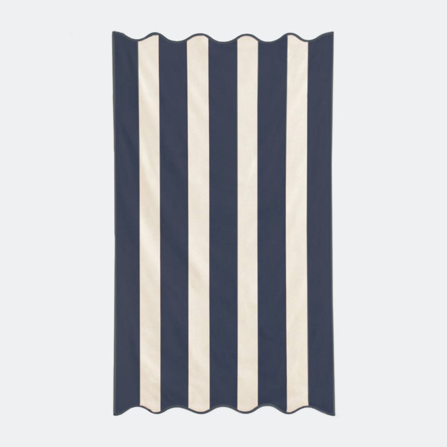 Navy blue striped beach towel with scalloped edge, made from cotton.