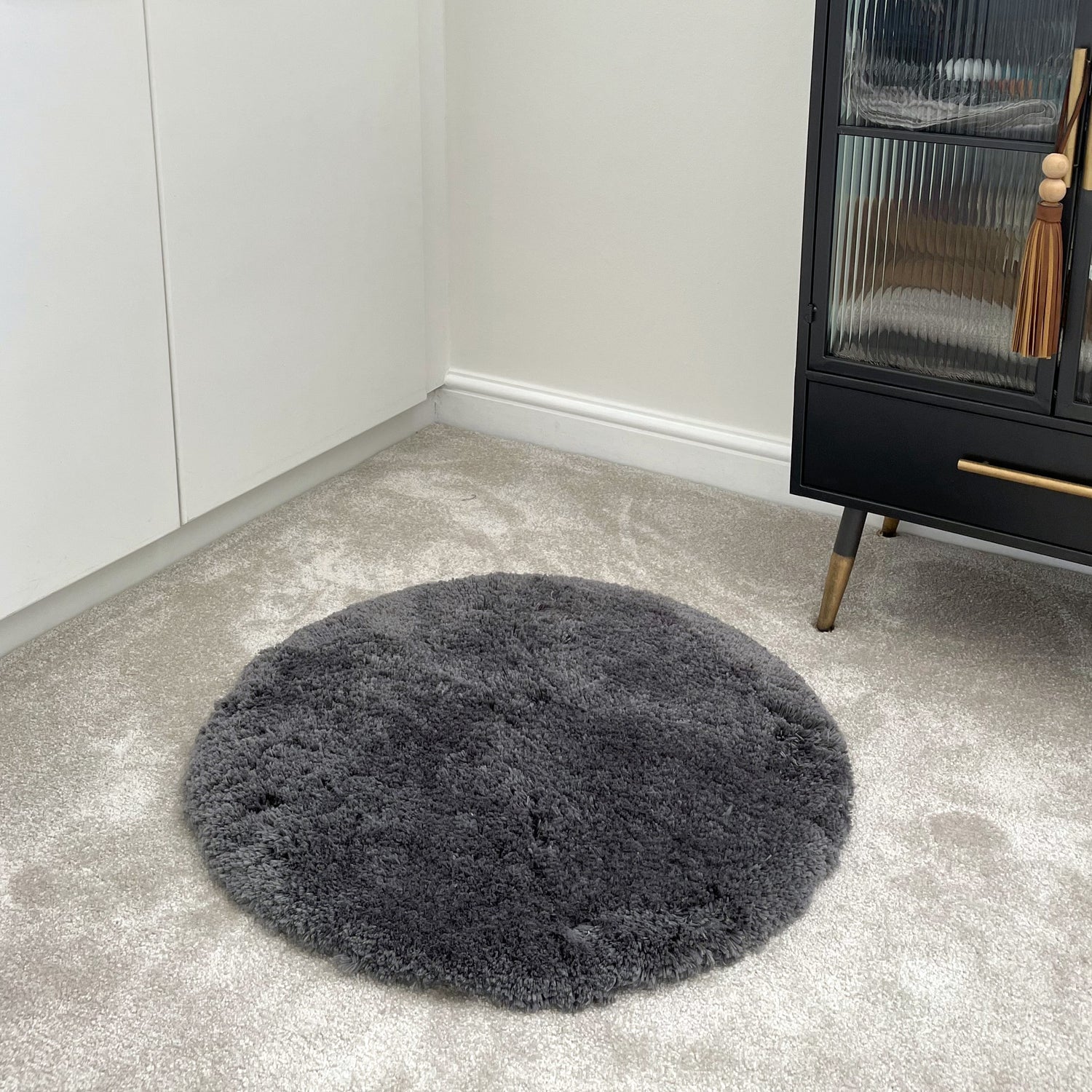 Luxury Grey Shaggy Rug - Grey Fluffy Round Mat