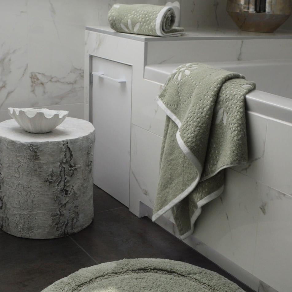 Sage Green Patterned floral Marrakesh Towels and Bath Mat in a Bathroom