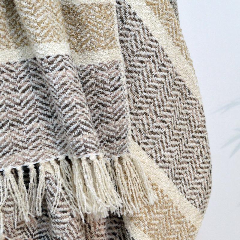 Luxury Beige Herringbone Throws - Super Soft Chenille Blanket with Fringe