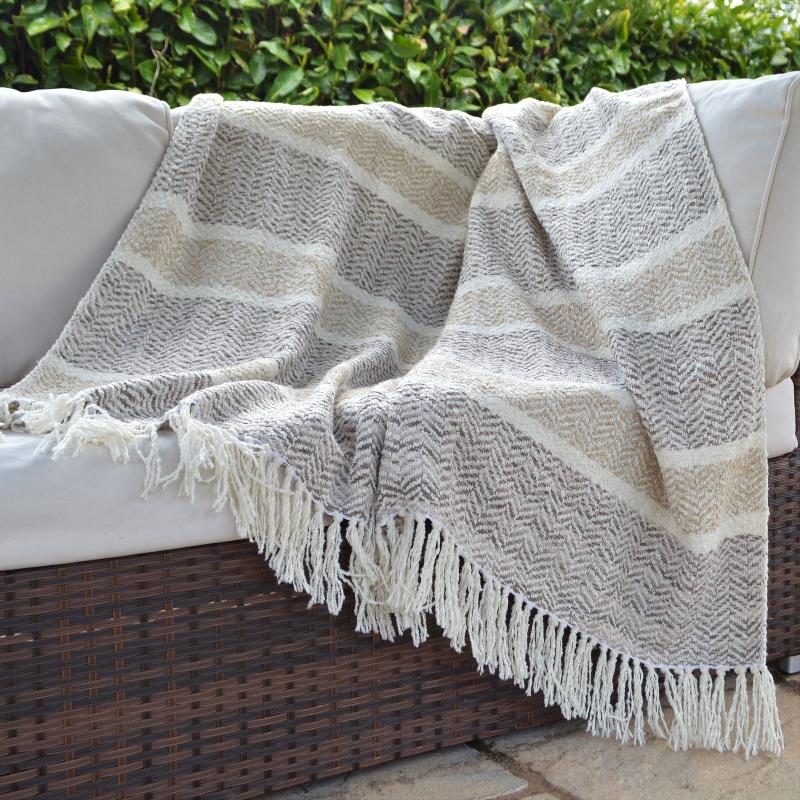 Natural Beige Patterned Throw - Luxury Herringbone Design