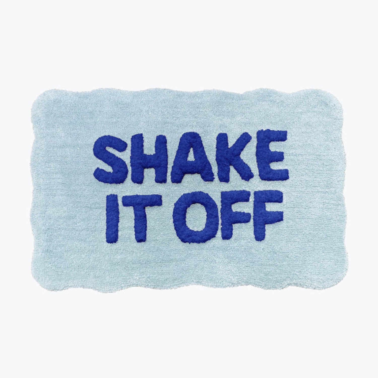 Blue shake it off slogan bath mat with non slip backing.