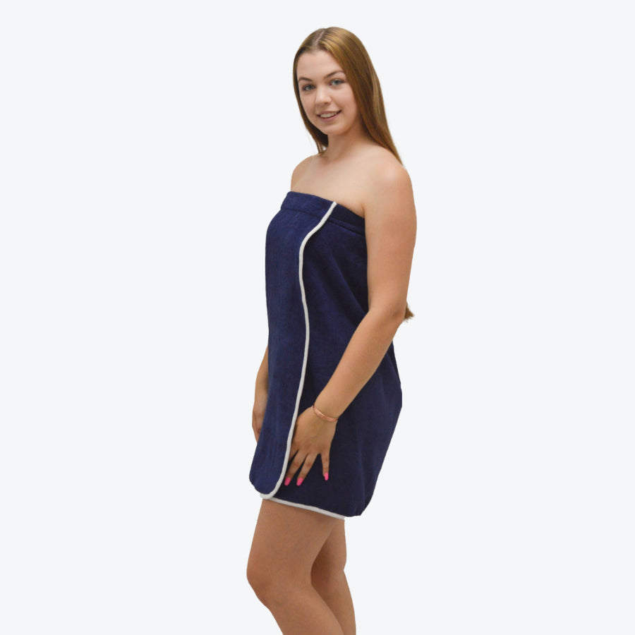 Navy blue ladies shower wrap with adjustable elasticated fit and secure Velcro fastening.