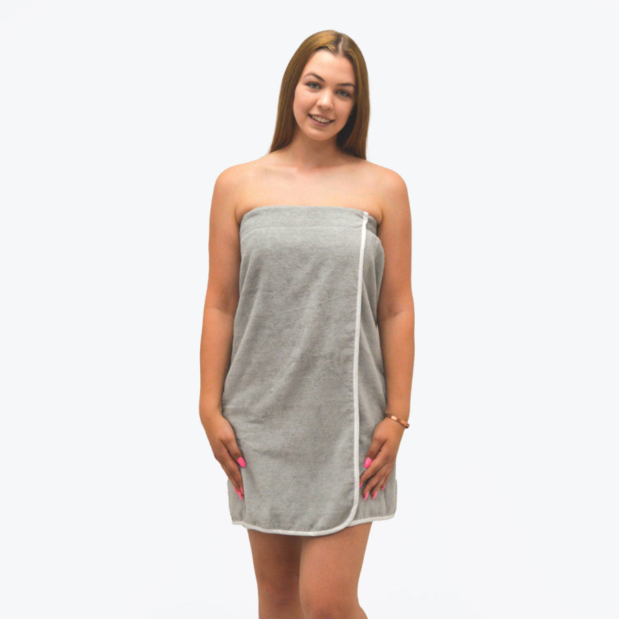 Grey towel wrap for the shower or bath, adjustable velcro towel for ladies.