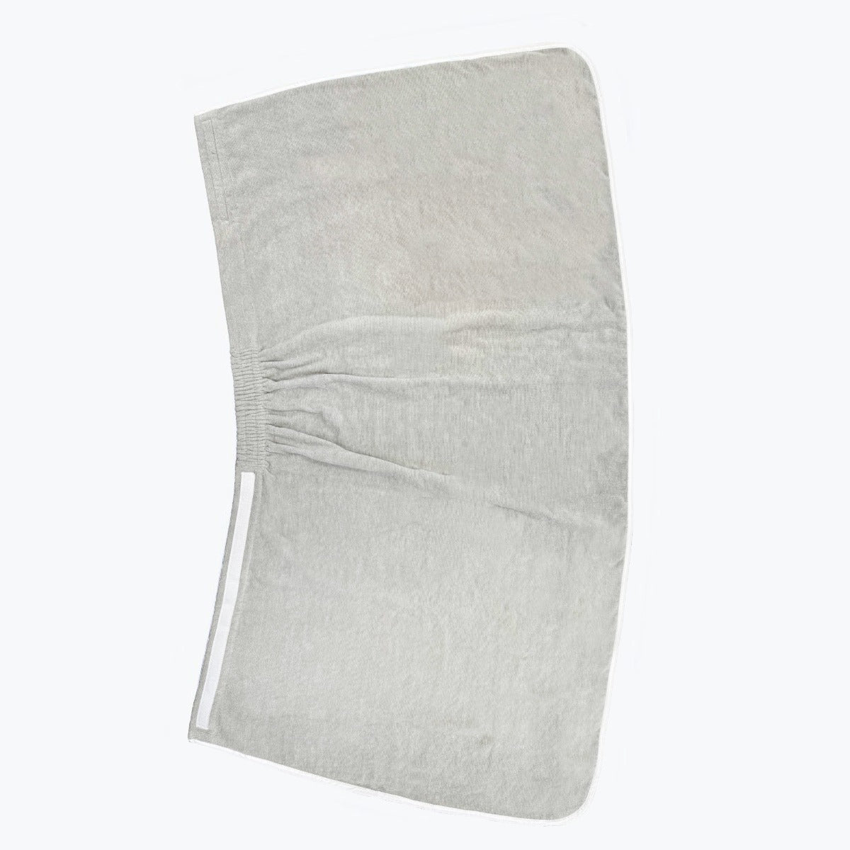 Grey bath towel wrap with hook and eye fastening.