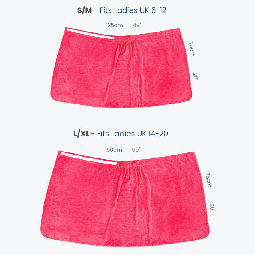 Towel wrap size guide for ladies. Soft and secure shower wrap towel with hook and eye fastening.