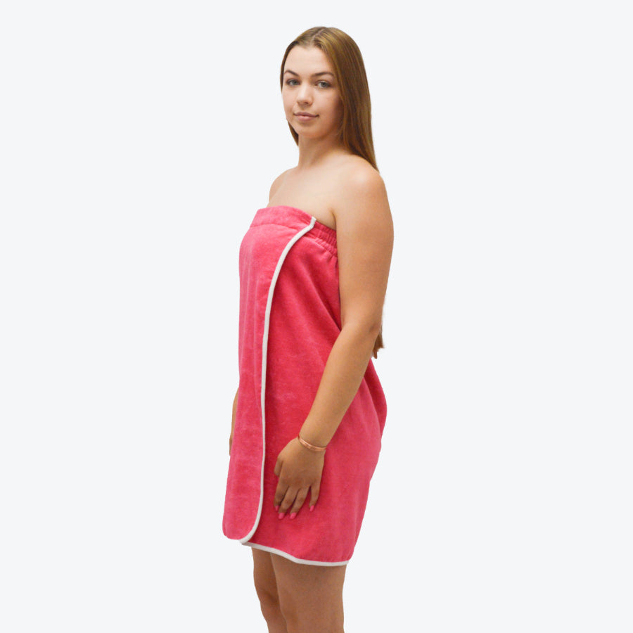 Hot pink adjustable towelling body wrap with elasticated comfortable fit for all.
