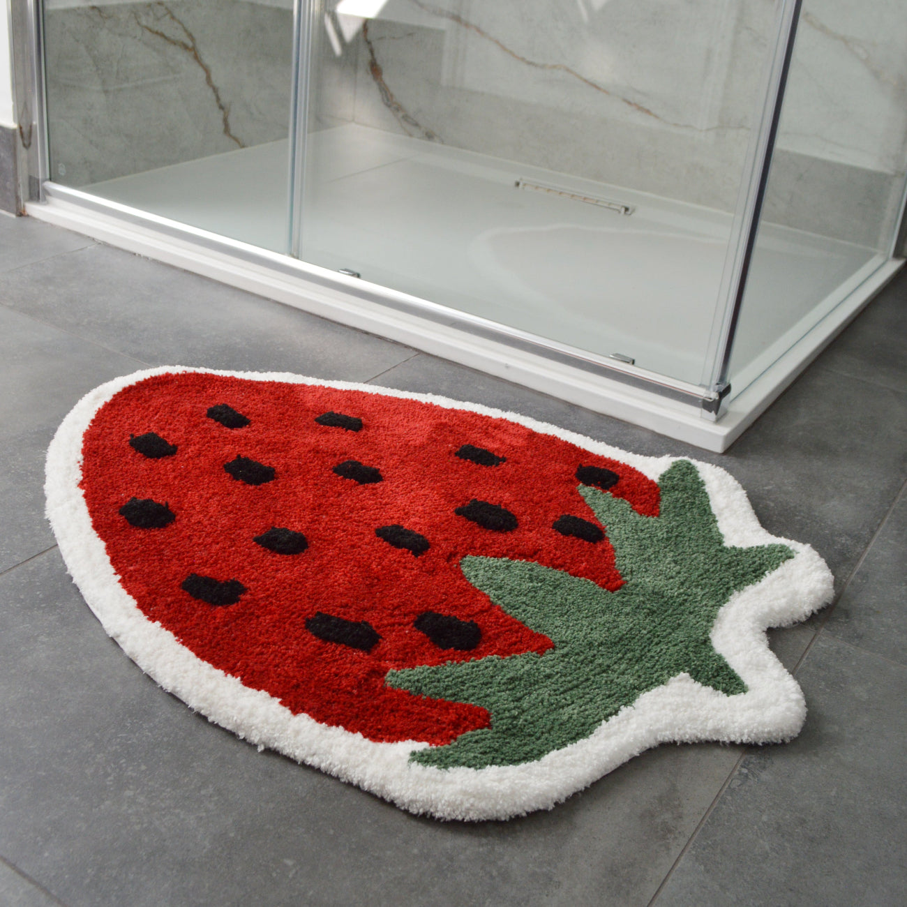 Fun fruit decor rug, strawberry shaped bath mat.