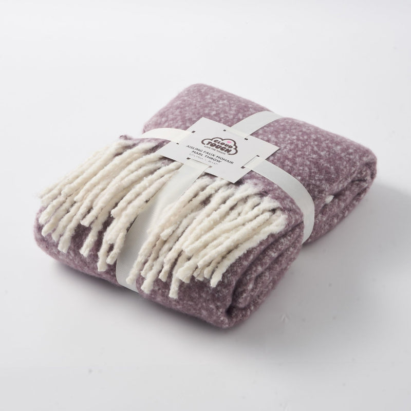Faux mohair throw blanket with fringe in thistle purple colour.