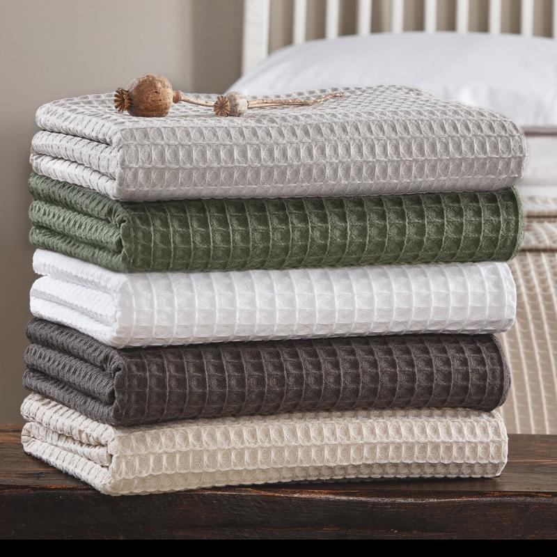 Waffle Bedspread available in stylish colours - taupe, white, khaki, dove grey, charcoal. Three sizes for perfect coverage: double, king size, super king size.