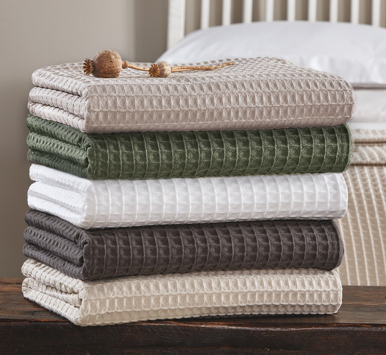 Luxury waffle throw bedspread, textured finish.