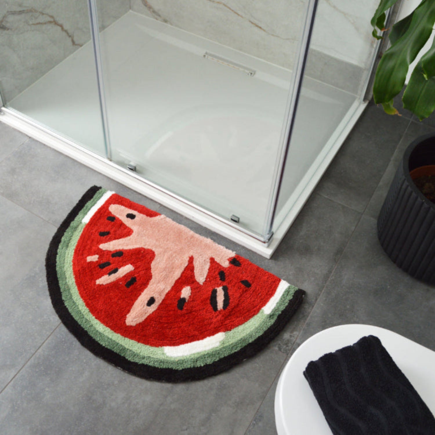 Semi circle bath mat in fruit watermelon design. Fun summer rug in novelty shape.