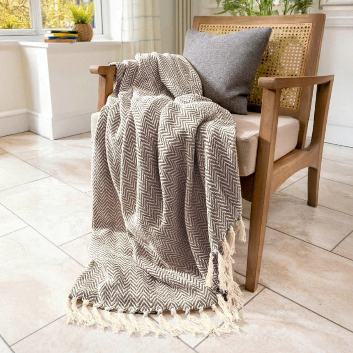 Chocolate brown patterned herringbone throw for sofa or bed.