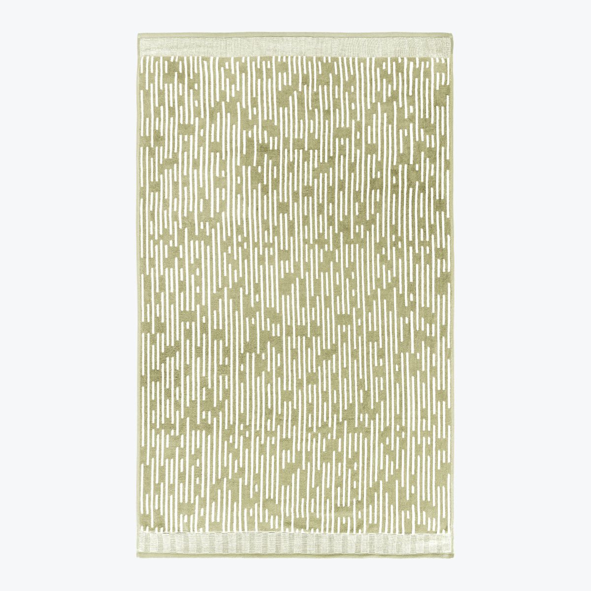 Patterned stripe towel, full spread. Green and white bathroom towels.