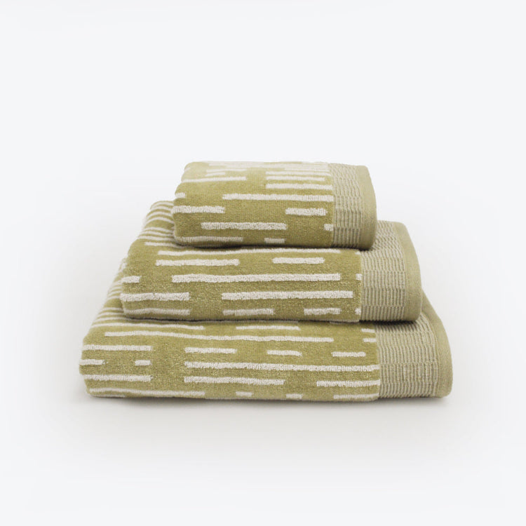 Sage green stripe patterned towels, zero twist feel.