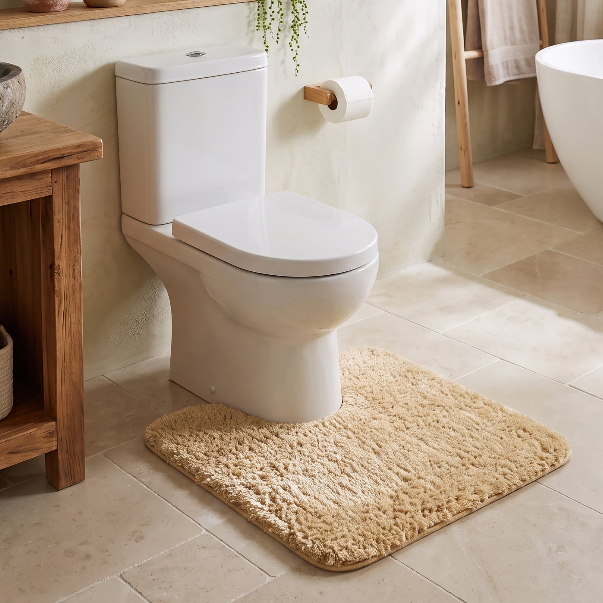Beige microfibre non slip bath mat, super soft.