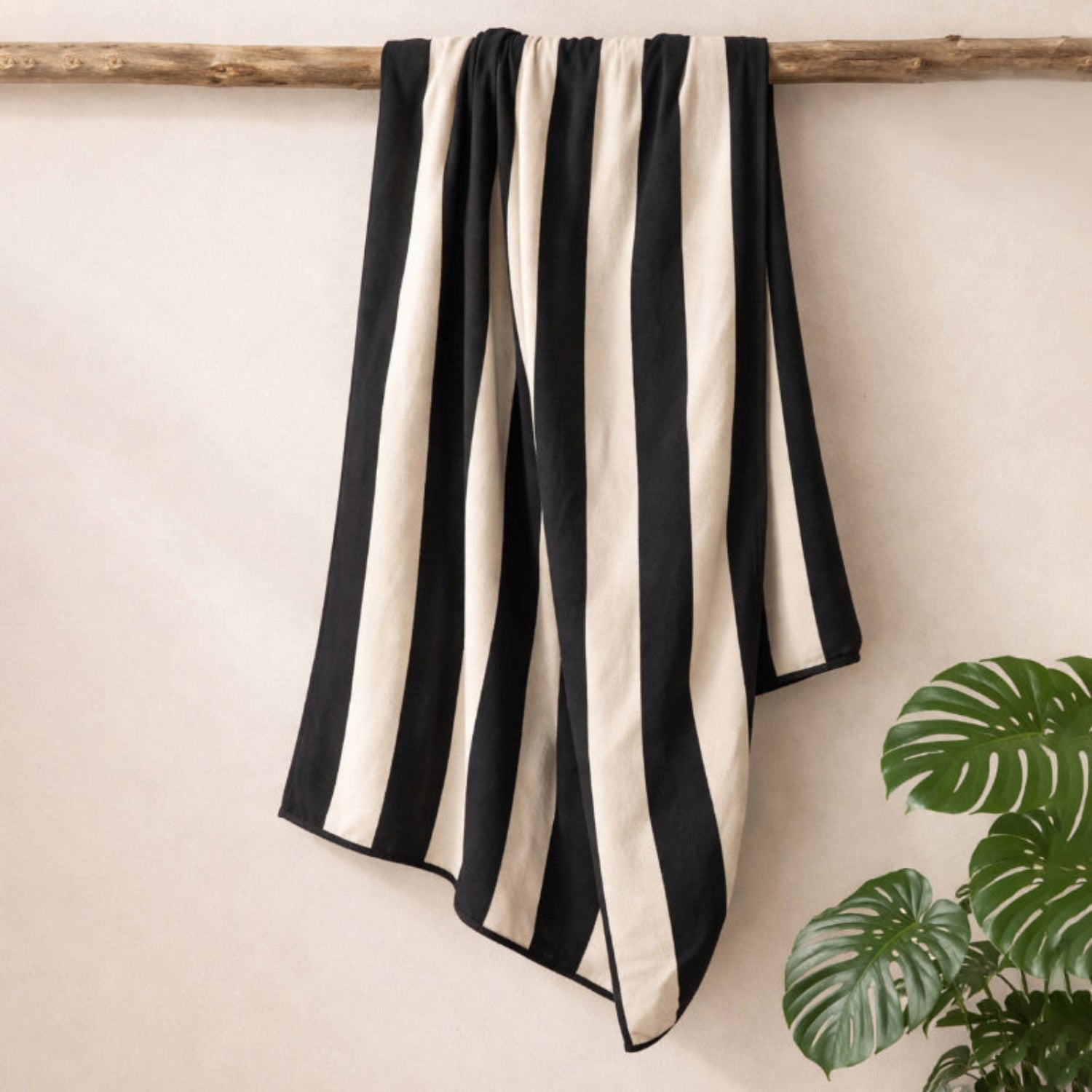 Black and white striped beach towel hanging on a wooden rod with a plant in the corner.