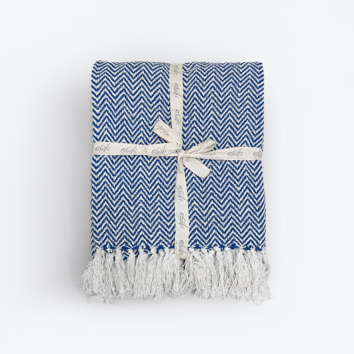 Blue herringbone throw blanket with tasselled fringe - 100% cotton throw.