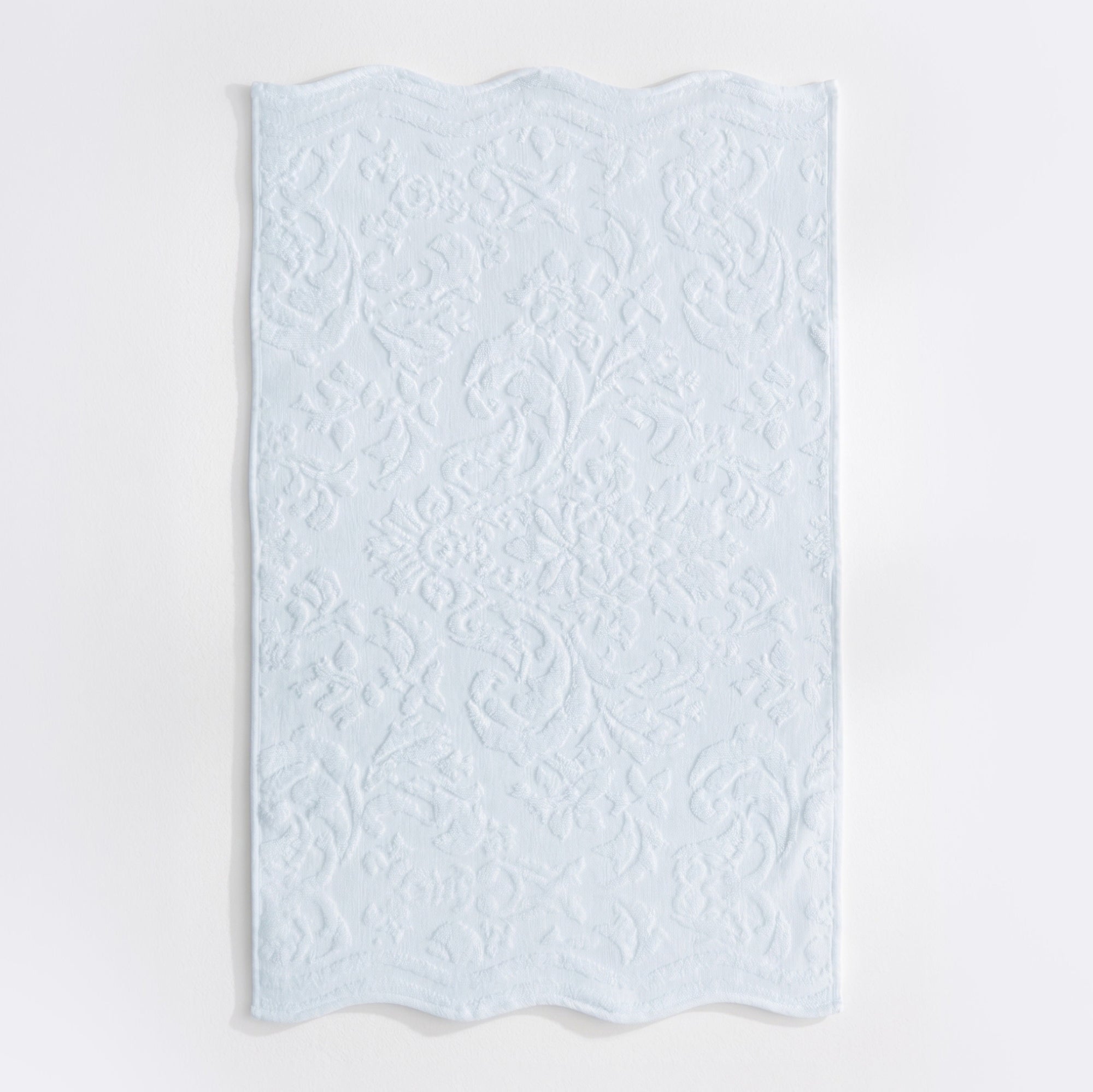 Baby blue scalloped bathroom towels in textured floral jacquard design - 100% cotton towels.