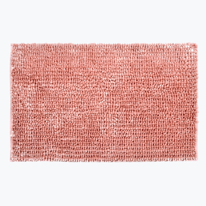 Blush pink bath mats in a chenille bobli design. Super soft non slip bathroom mats.