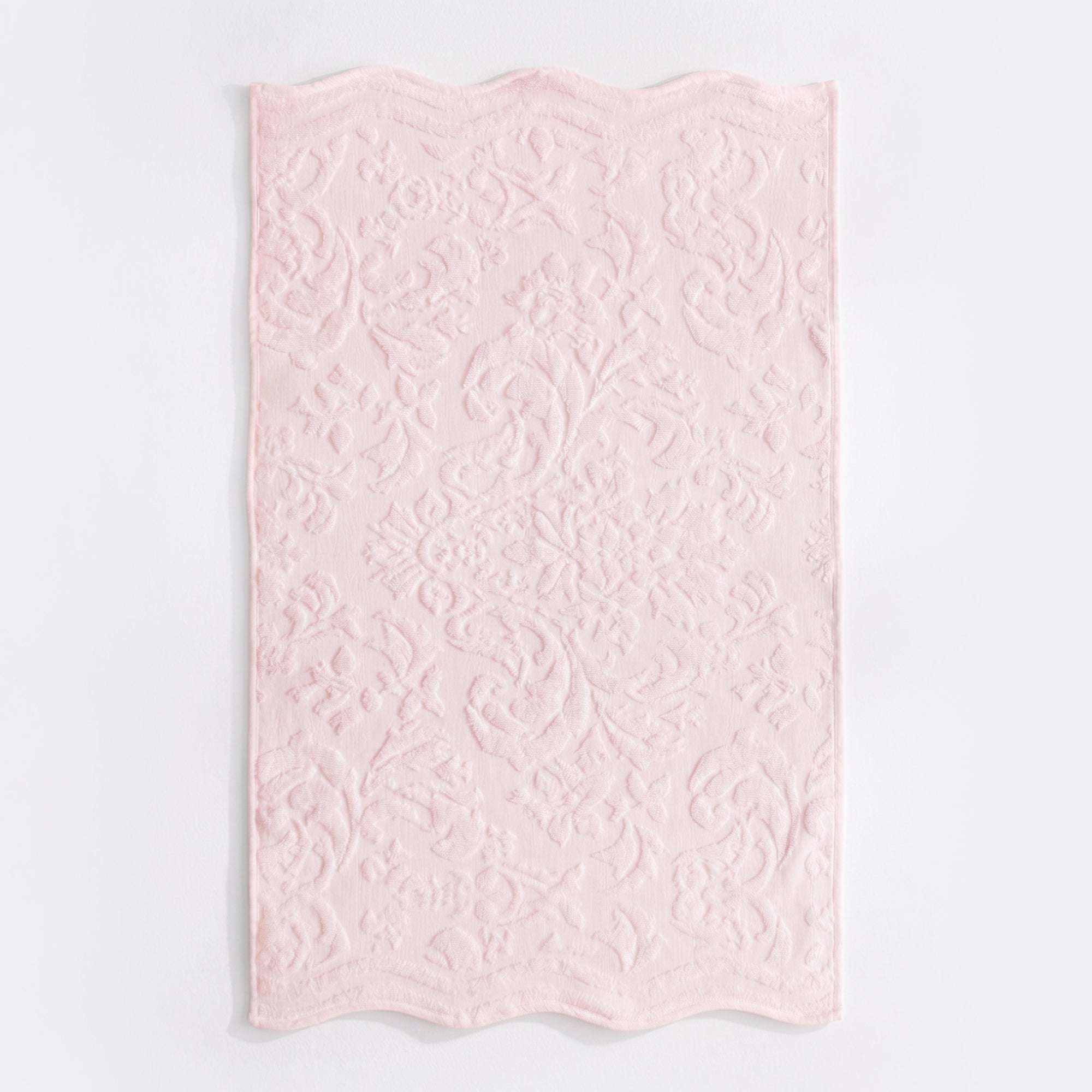 Blush pink scalloped bathroom towels in textured floral jacquard design - 100% cotton towels.