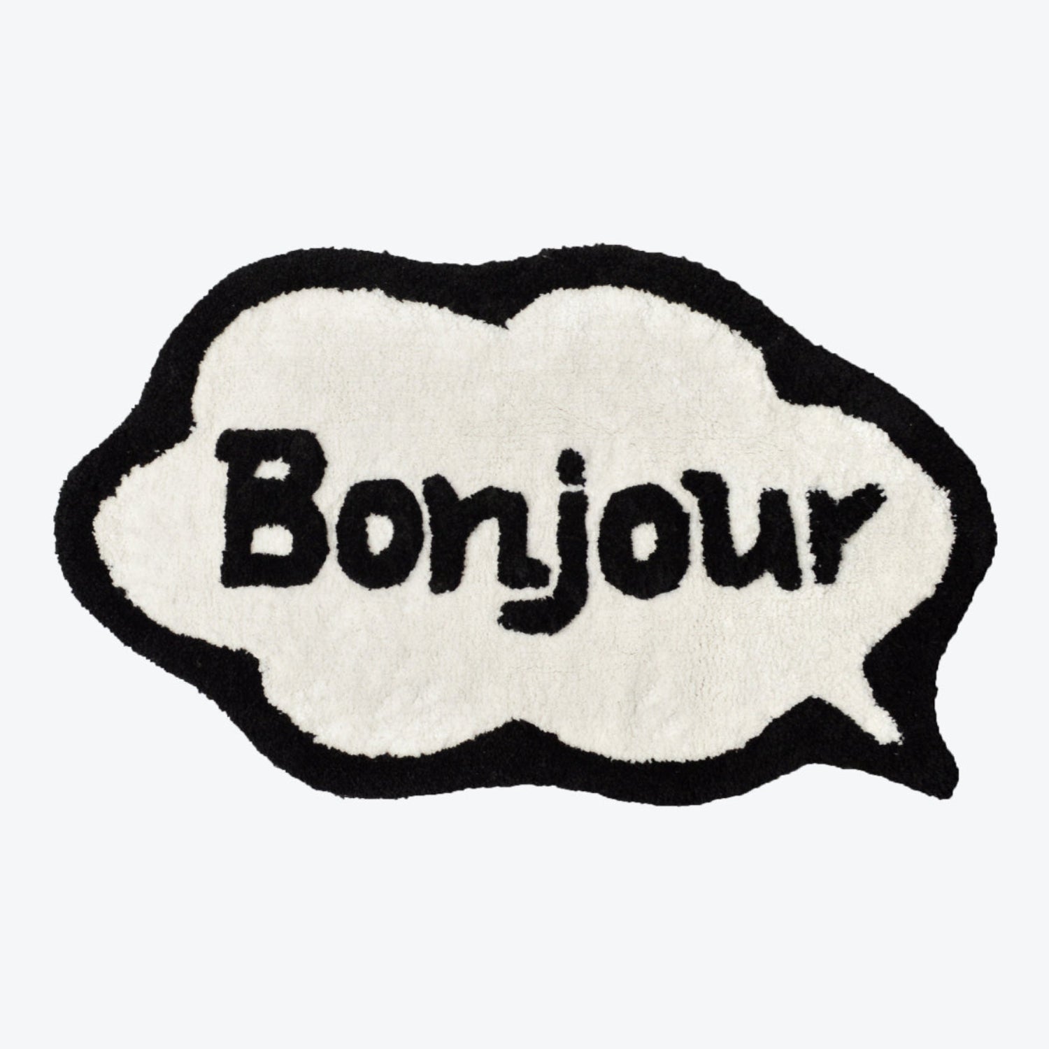 Bonjour slogan bath mat, hand tufted fun bathroom accessory.