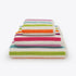 Set of colourful bathroom towels in 3 sizes - hand towel, bath towel and bath sheet. Rainbow towels in striped pattern.