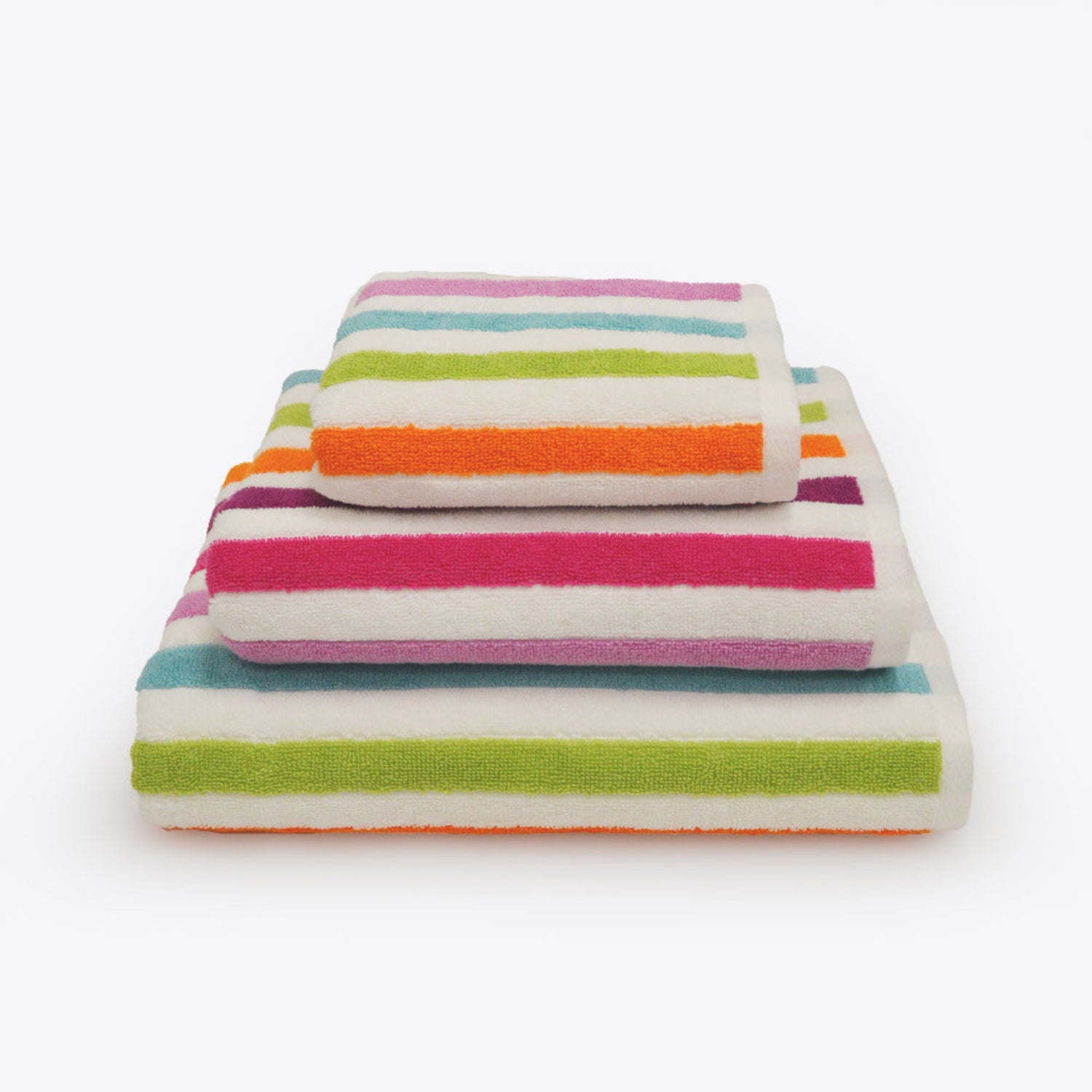 Set of colourful bathroom towels in 3 sizes - hand towel, bath towel and bath sheet. Rainbow towels in striped pattern.