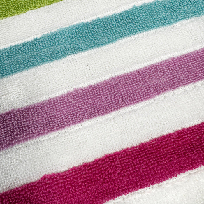 Multi colour rainbow striped towels. Blue, purple, green and pink towels.