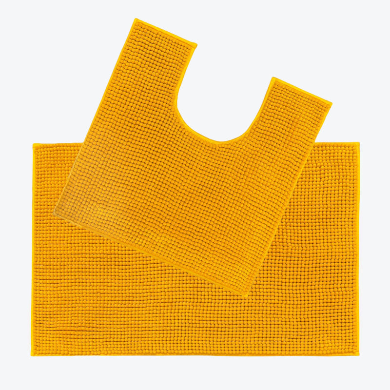 Mustard yellow Two Piece Bath and Pedestal Mat Set, chenille bobble bathroom mats.
