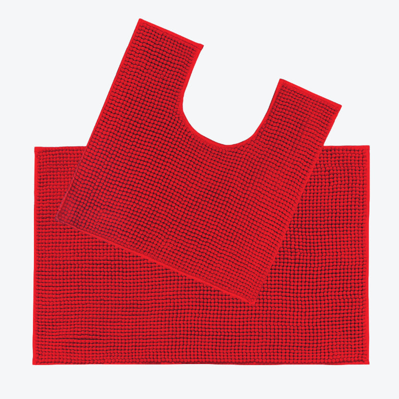 Red Two Piece Bath and Pedestal Mat Set, chenille bobble bathroom mats.