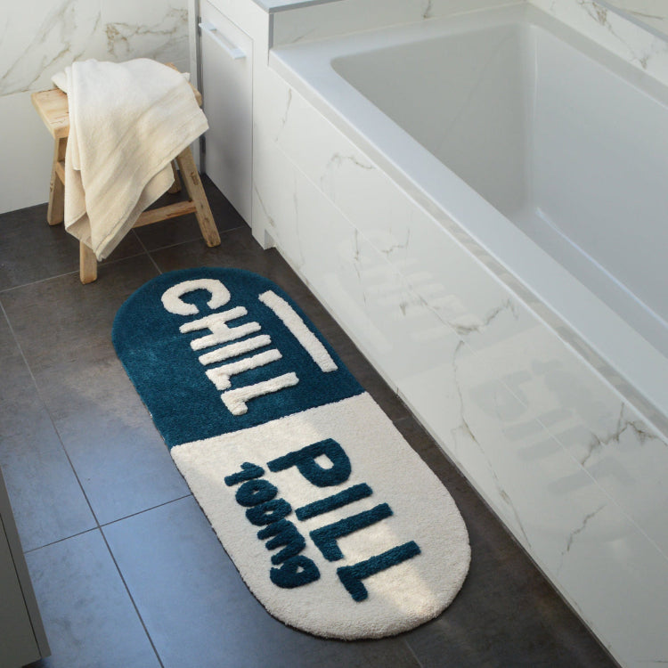 Blue Chill Pill bath mat, extra long style bath runner.