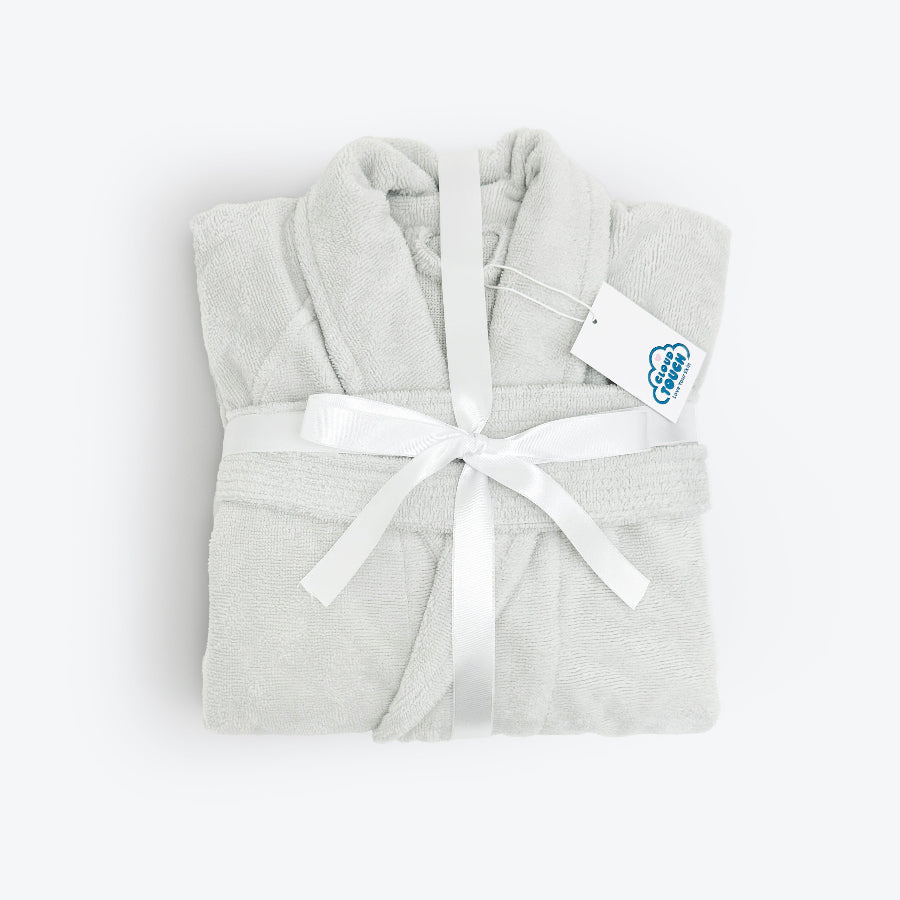 Grey velour dressing gown with terry towelling pile inside.