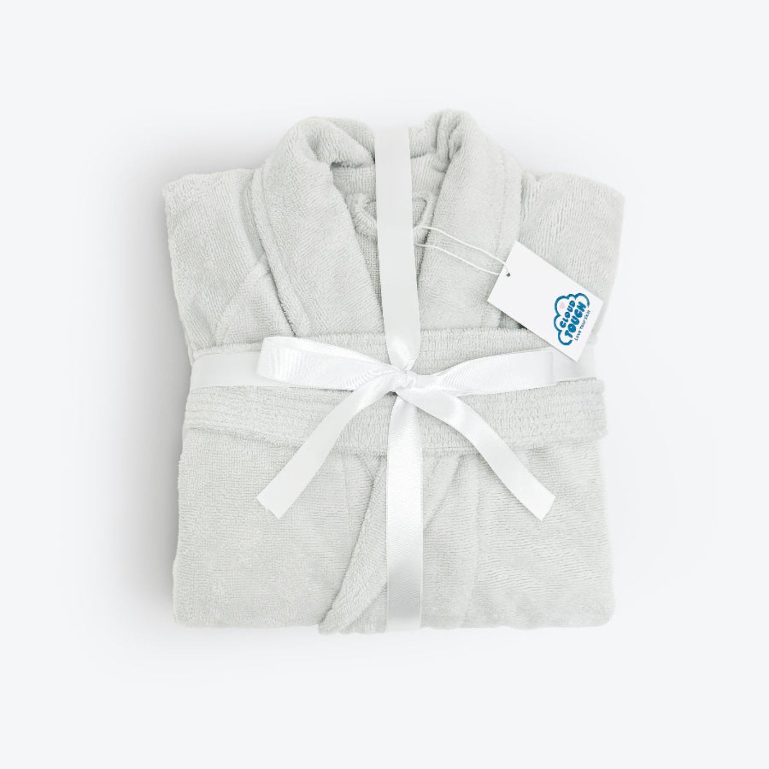 Grey velour dressing gown with terry towelling pile inside.