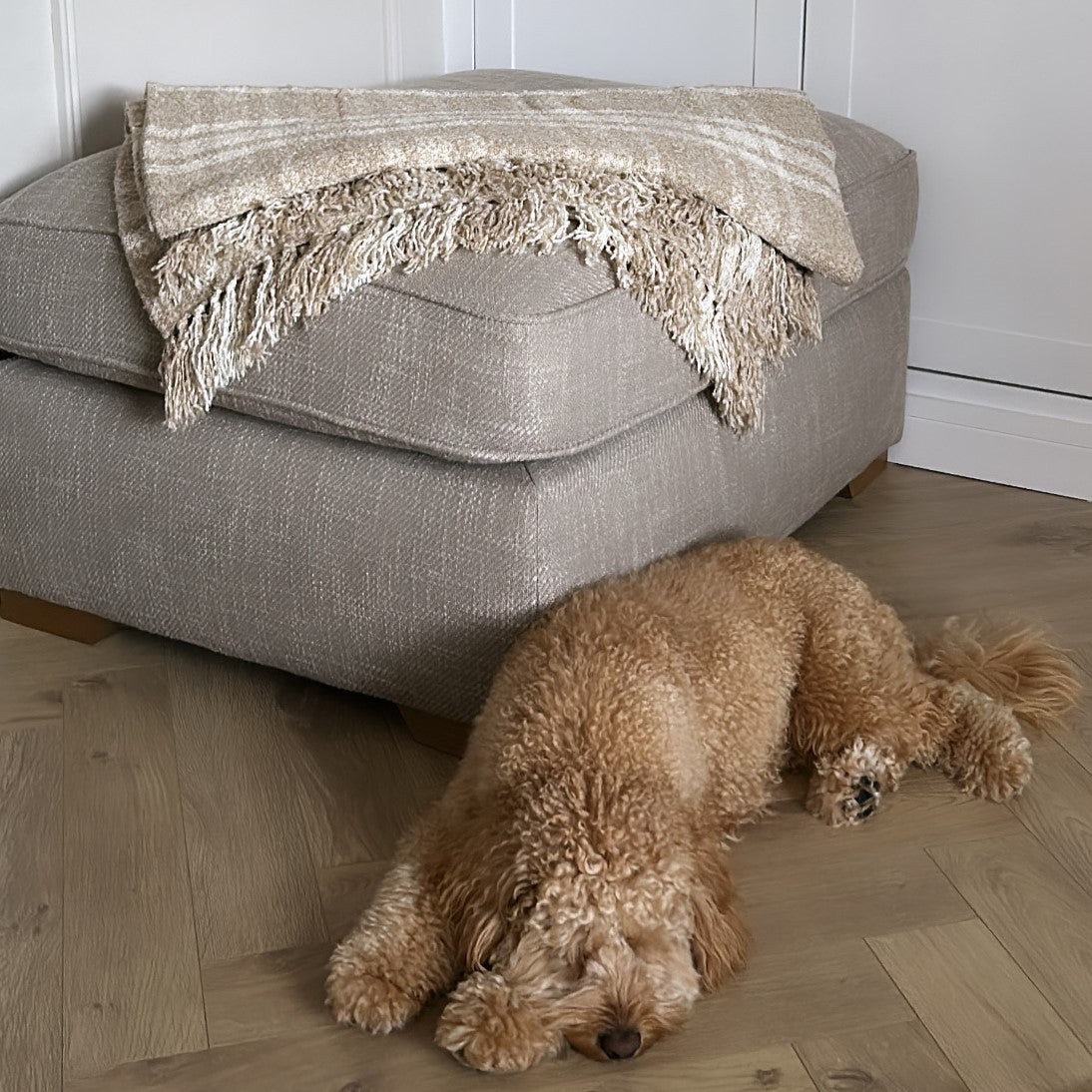 natural beige tartan throw with fringe.