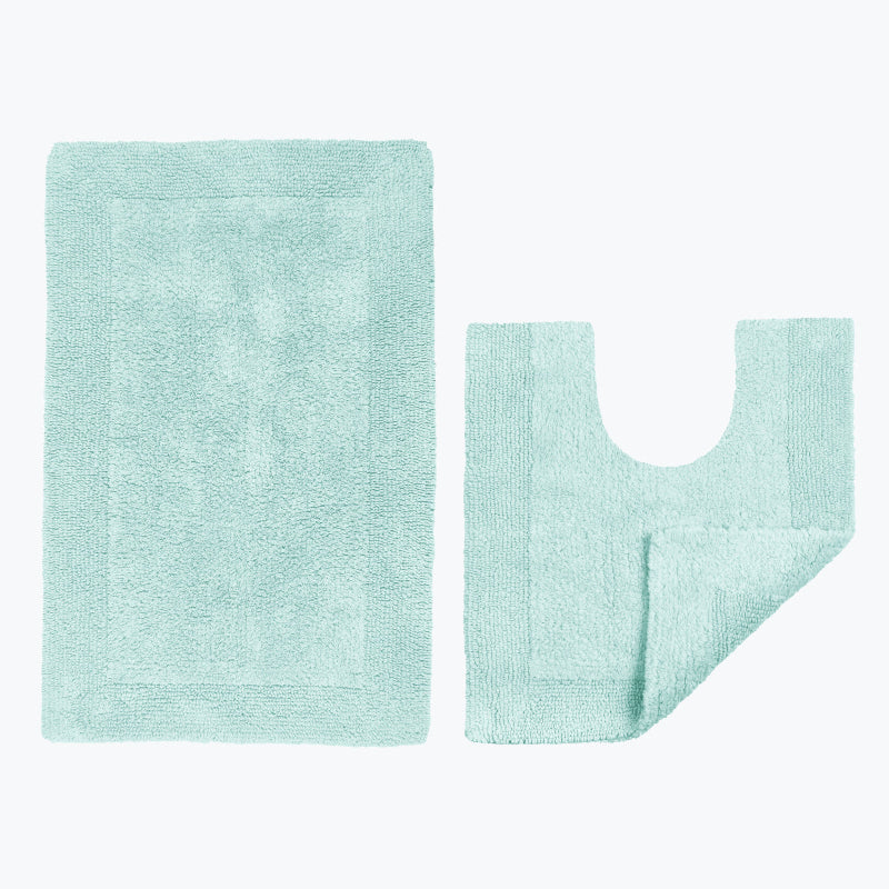 Duck egg bathroom mats made from 100% cotton. Matching bath mat and pedestal mat set, reversible design.