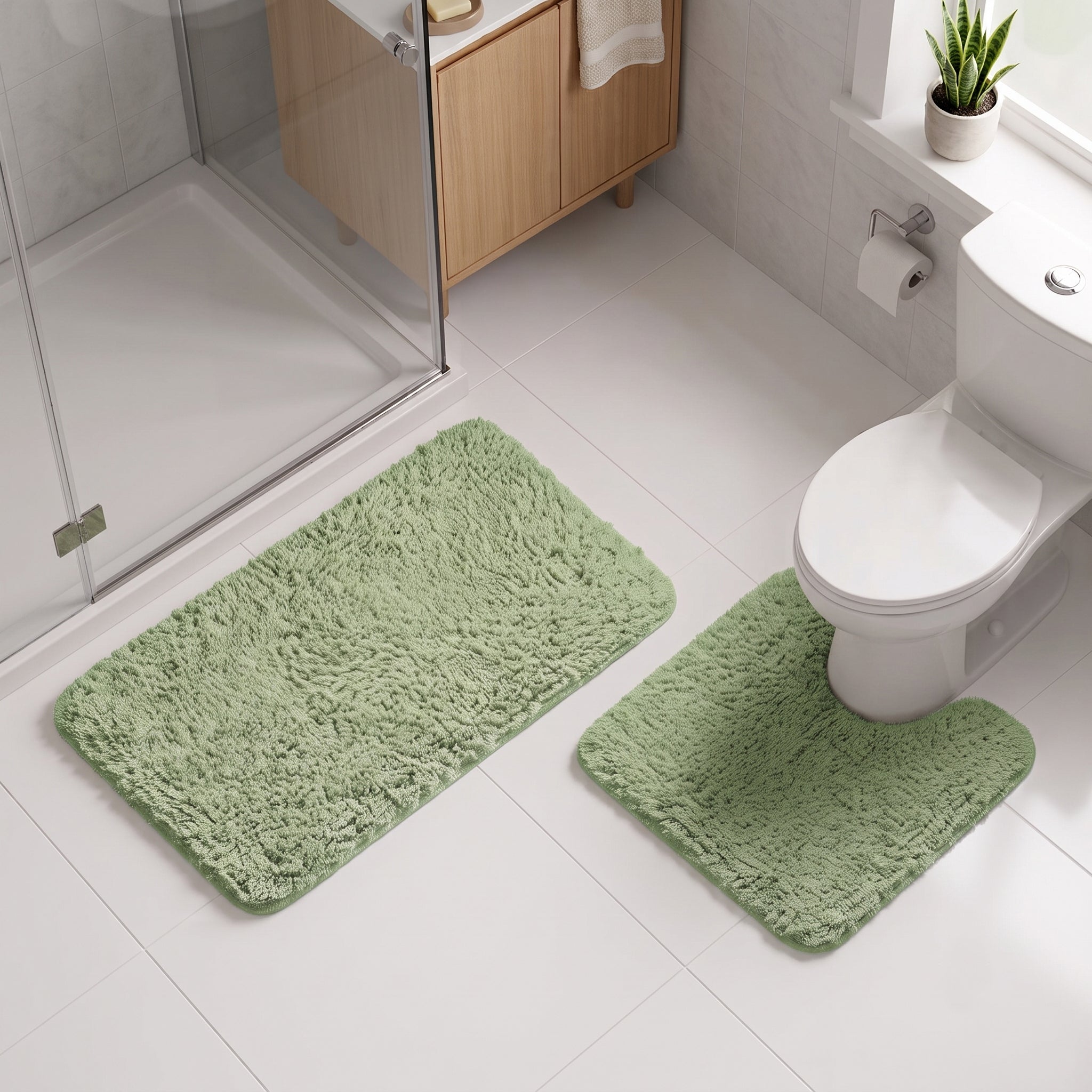 Sage green bath mat and pedestal mat set, super soft bathroom rugs with non slip backing.
