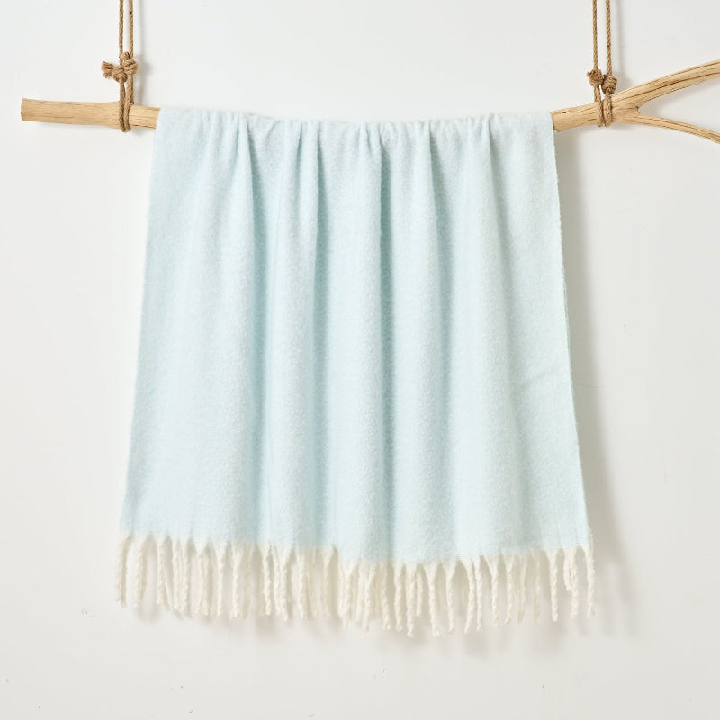 faux mohair throw blanket in blue duck egg colour.