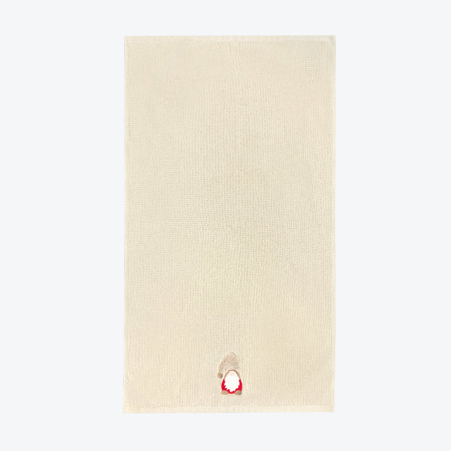 Beige Christmas tea towels with gonk gnome on. Fun, festive Santa towels for the bathroom or kitchen.
