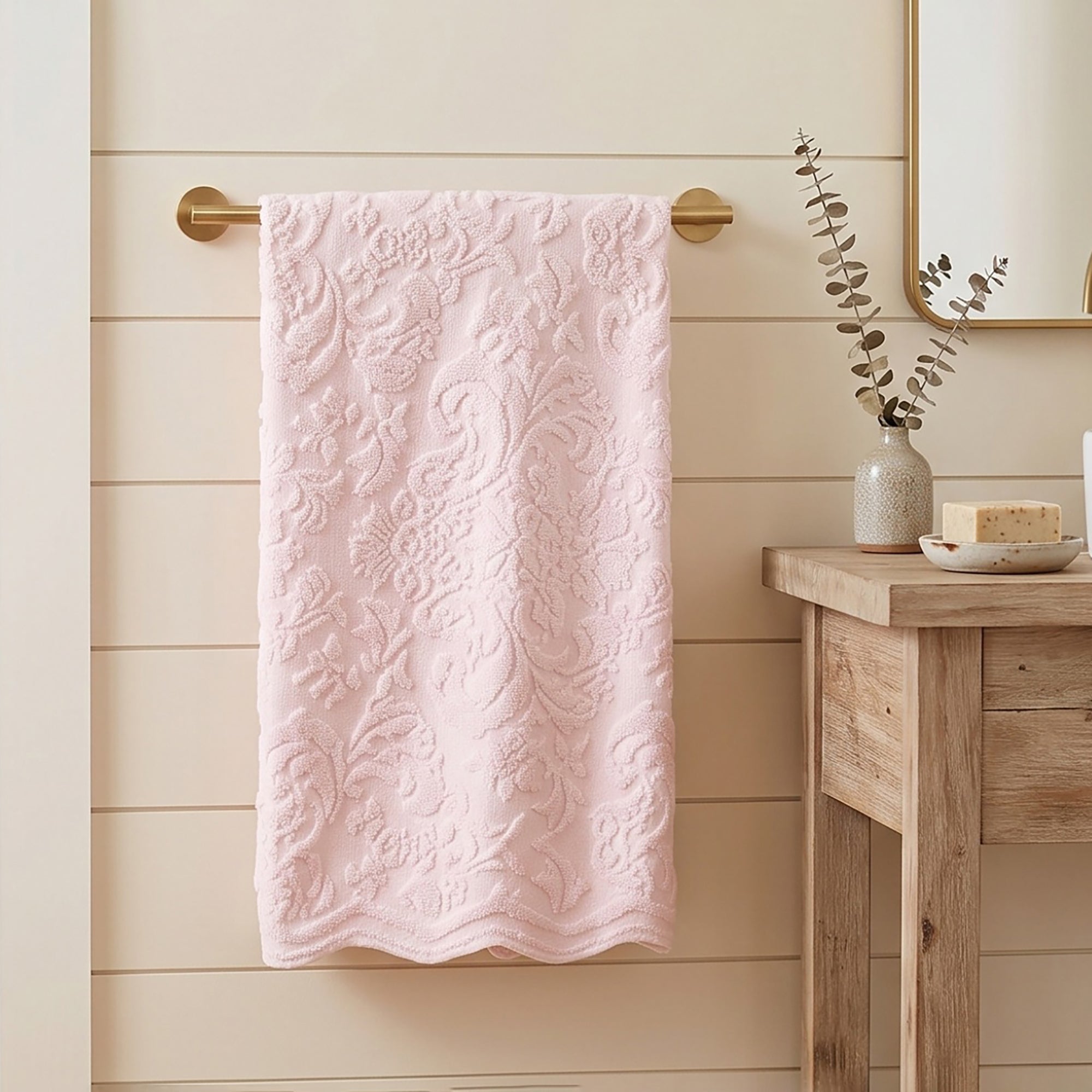 Blush pink floral jacquard towels, 100% cotton.