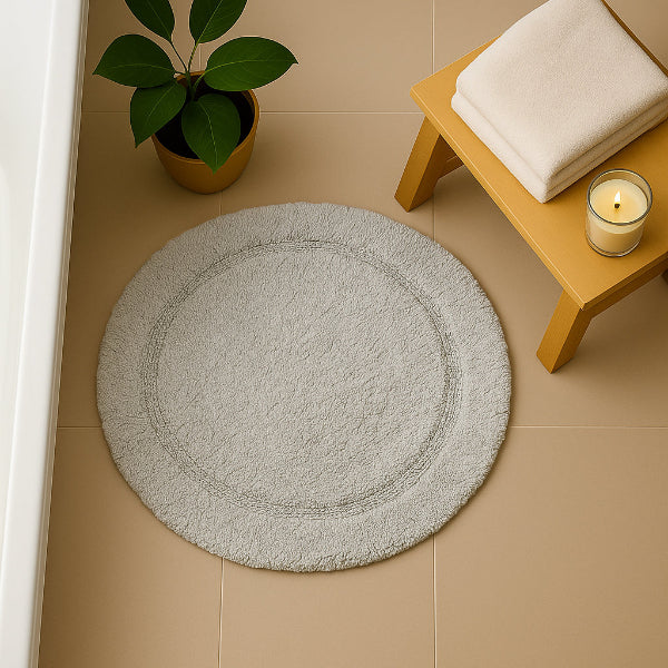 Grey circular bathroom mats made from 100% cotton.