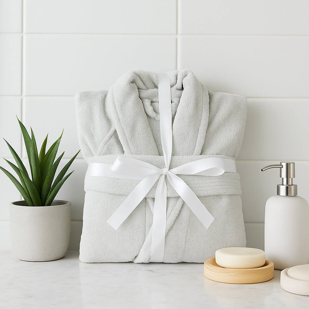 Light grey velour dressing gown in unisex fit.