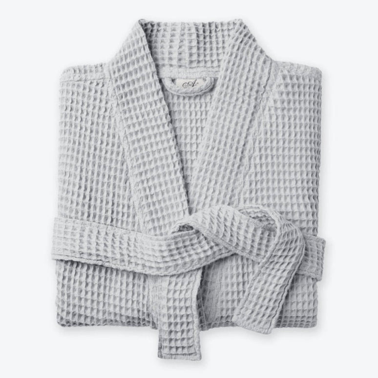 Grey spa waffle bathrobe, cosy lightweight bath dressing gown, soft and absorbent.