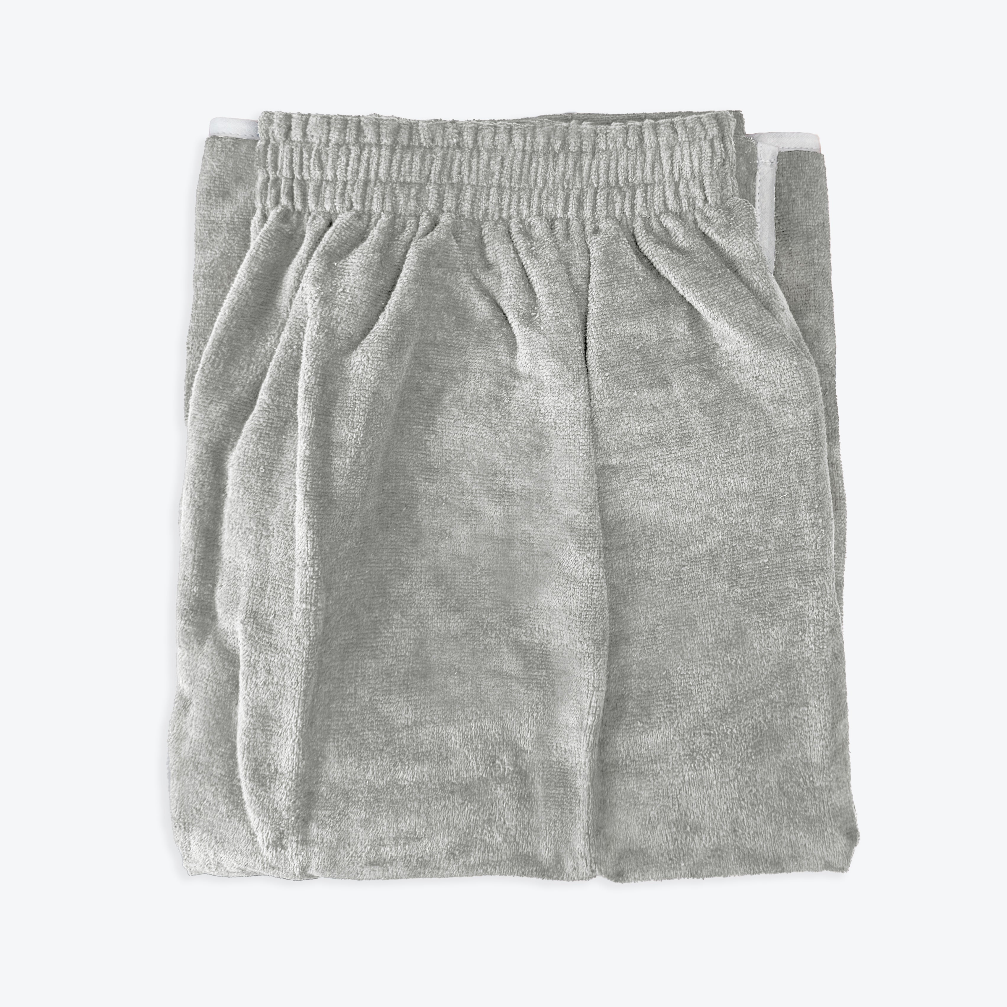 Grey shower towel wrap with Velcro fastening made from 100% cotton.