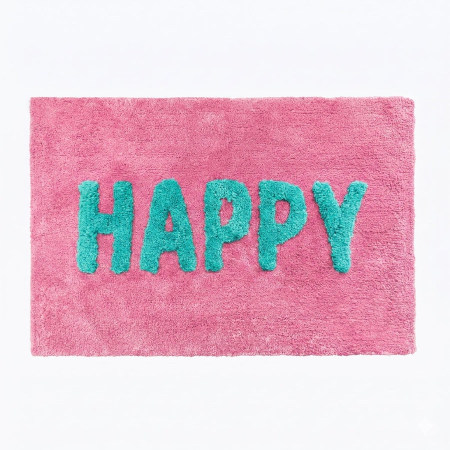 Pink statement, fun bath mat with happy slogan.