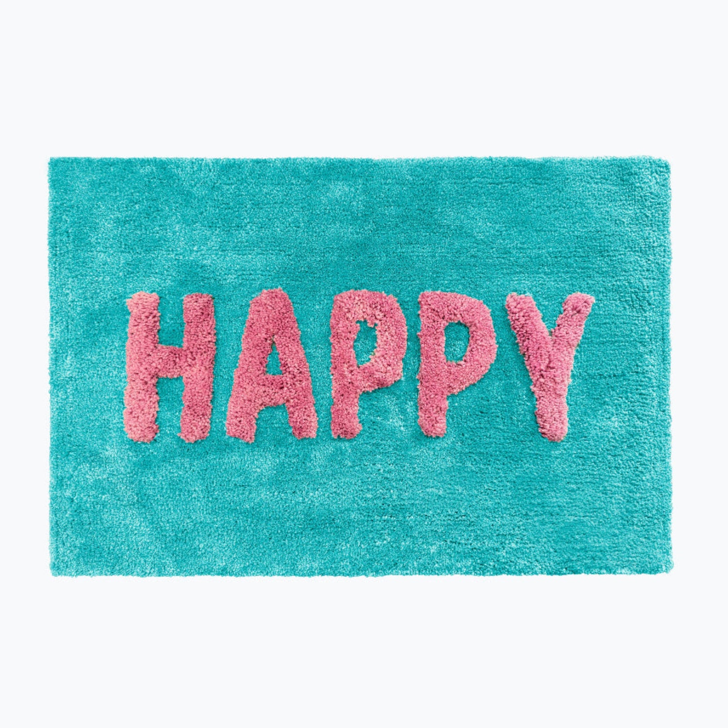 Turquoise statement bath mat with happy slogan text - fun bathroom decor.