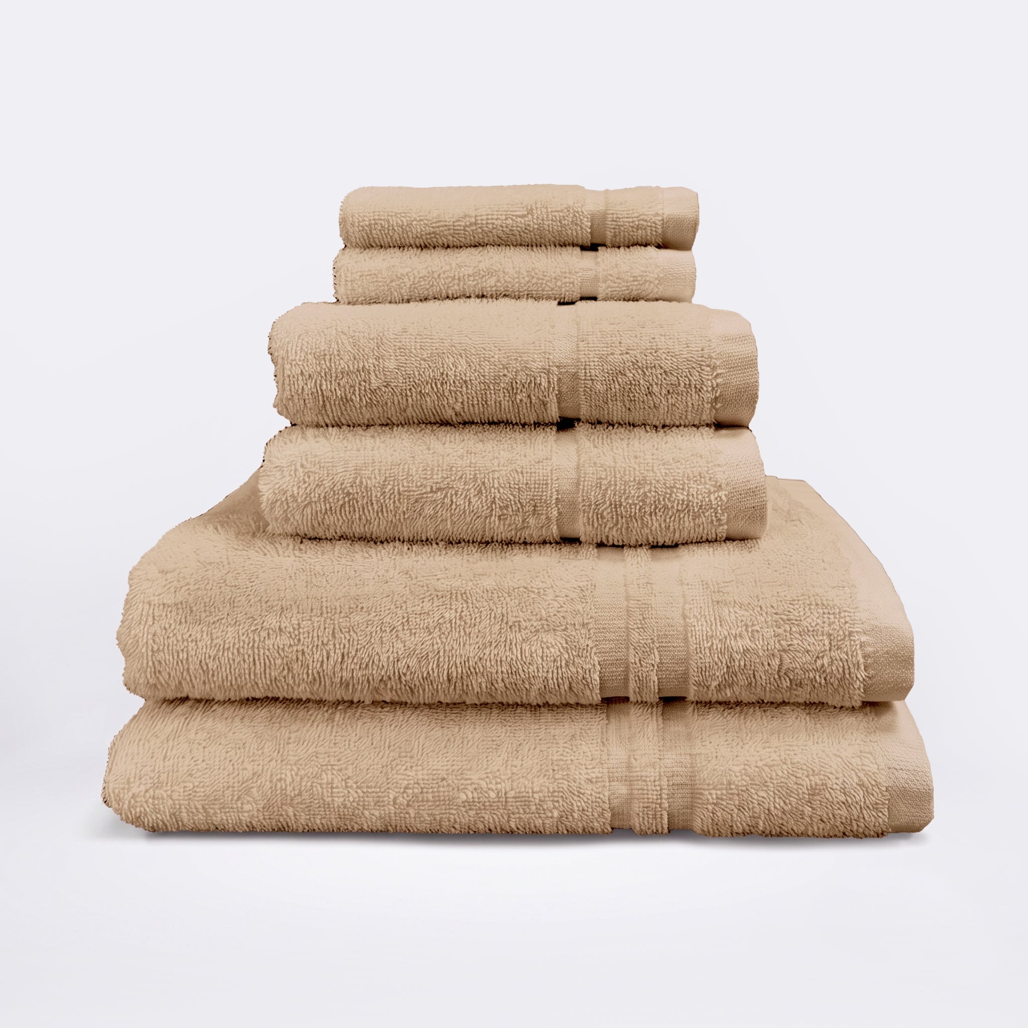 Beige set of 6 towels for the bathroom, face cloths, hand towels and bath sheet - bathroom essentials bundle.